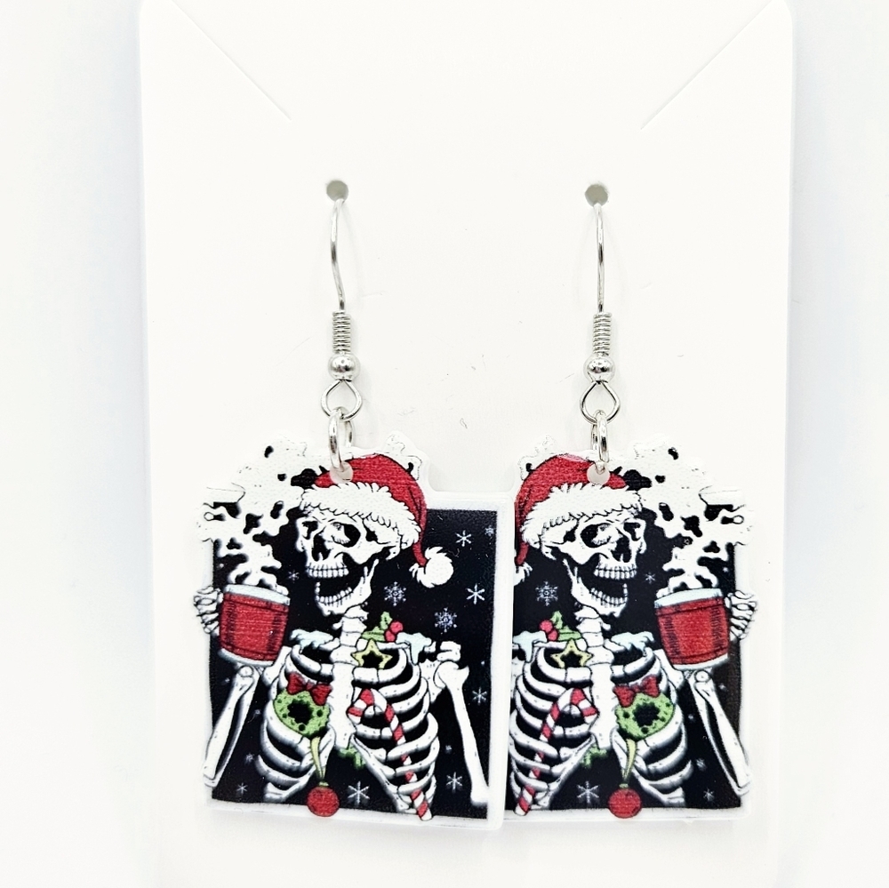 Santa Skeleton Holiday Christmas Coffee Lightweight Earrings  New